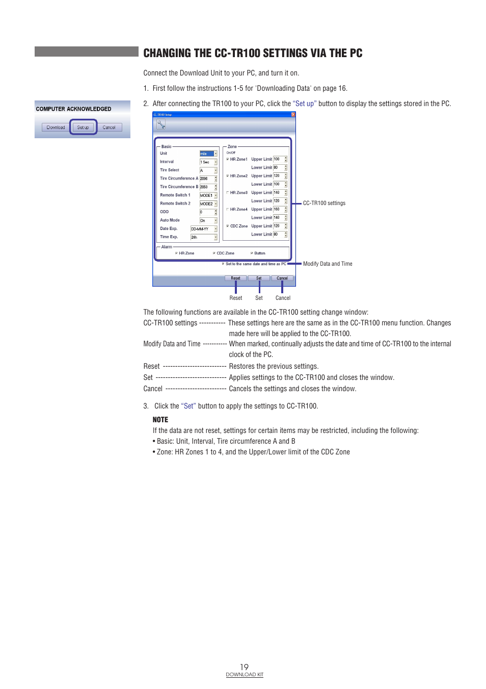 Changing the cc-tr100 settings via the pc | CatEye IF-TR100 Download Kit User Manual | Page 19 / 55
