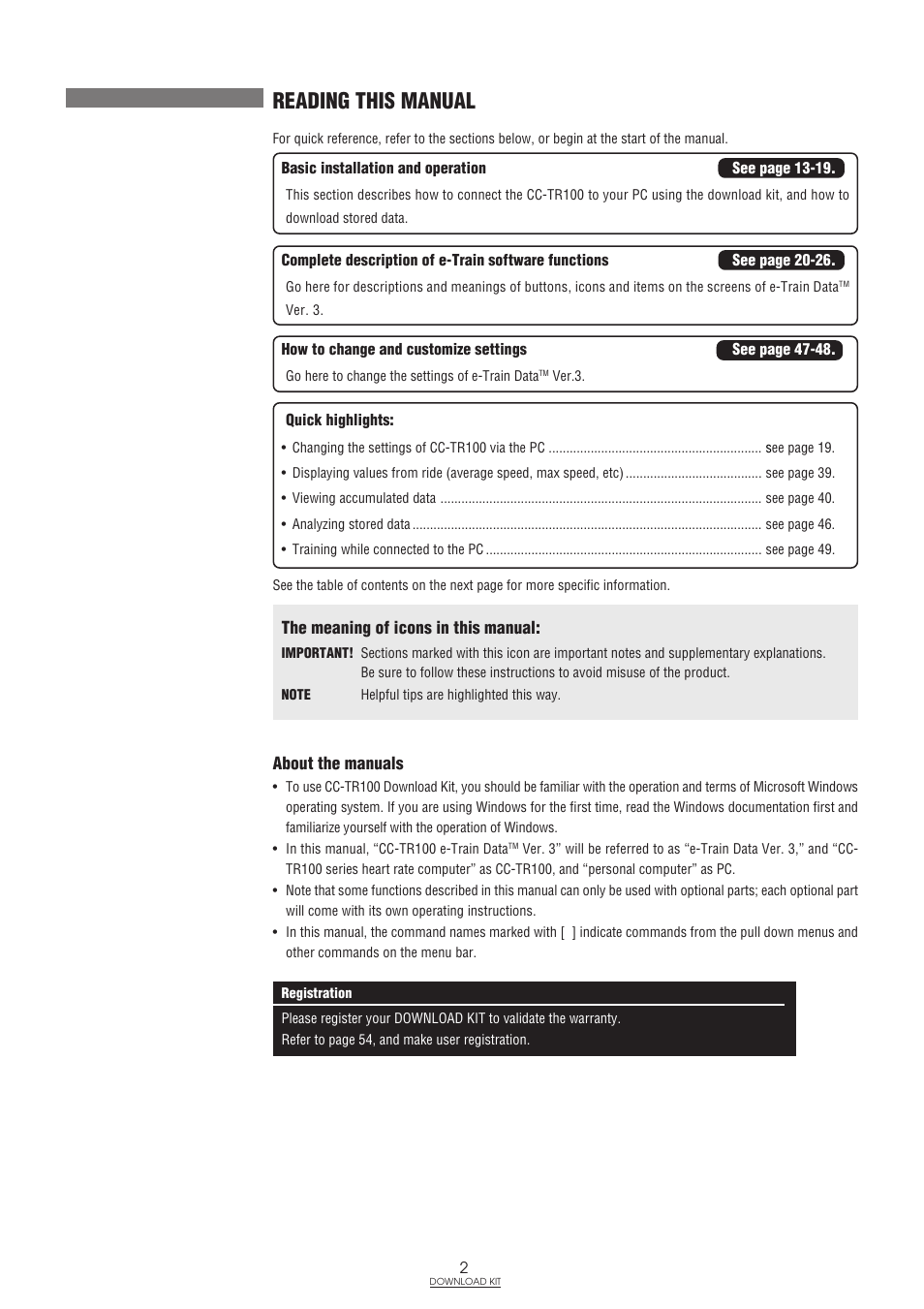Reading this manual | CatEye IF-TR100 Download Kit User Manual | Page 2 / 55