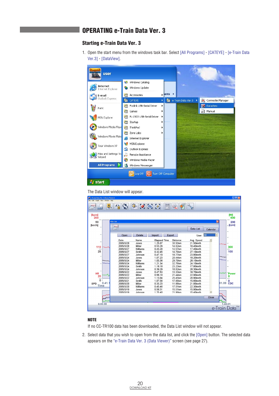 Operating e-train data ver. 3, Starting e-train data ver. 3 | CatEye IF-TR100 Download Kit User Manual | Page 20 / 55