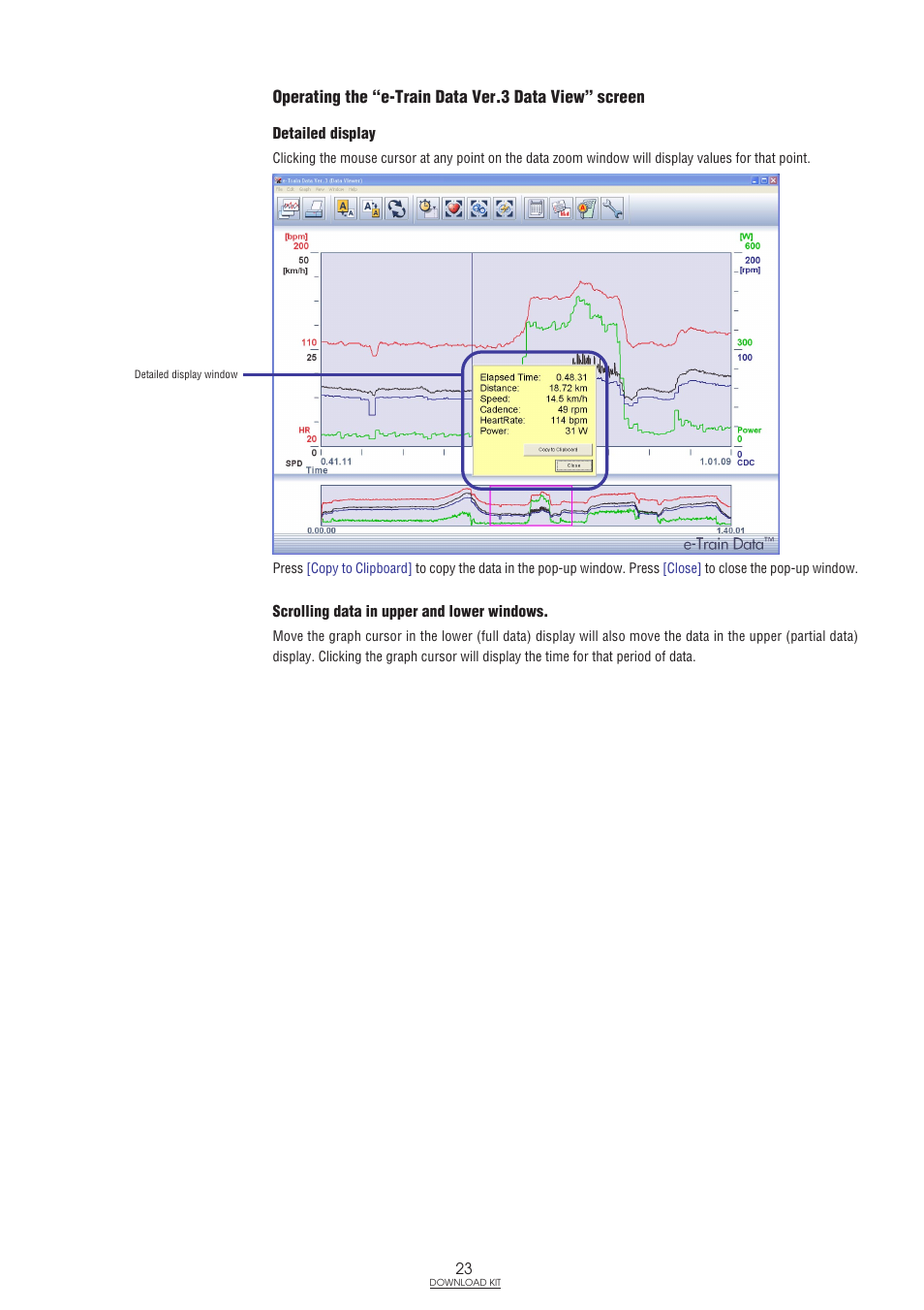 Operating the “e-train data ver.3 data view, Screen | CatEye IF-TR100 Download Kit User Manual | Page 23 / 55