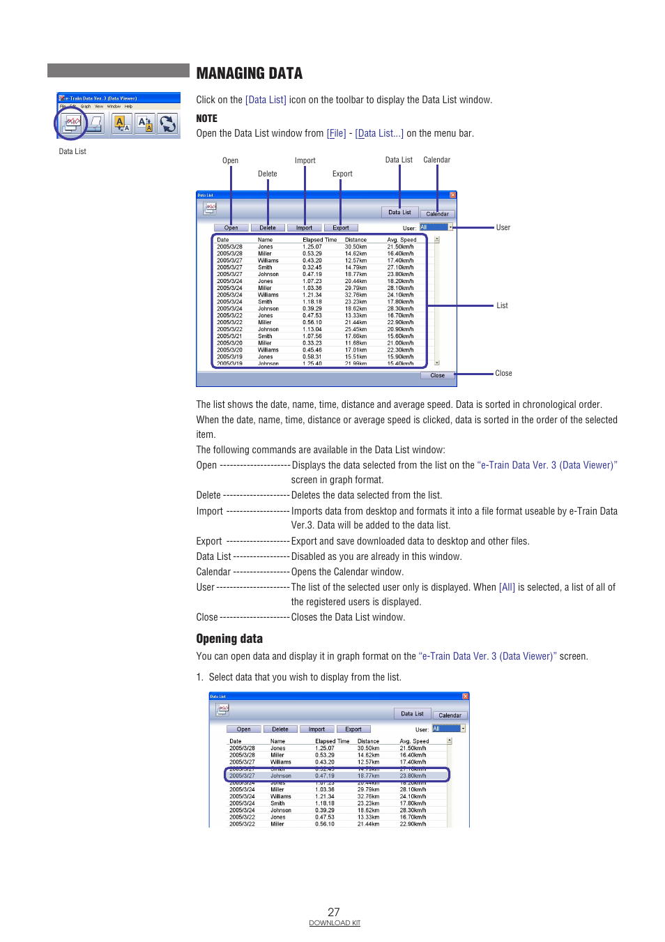 Managing data, Opening data | CatEye IF-TR100 Download Kit User Manual | Page 27 / 55