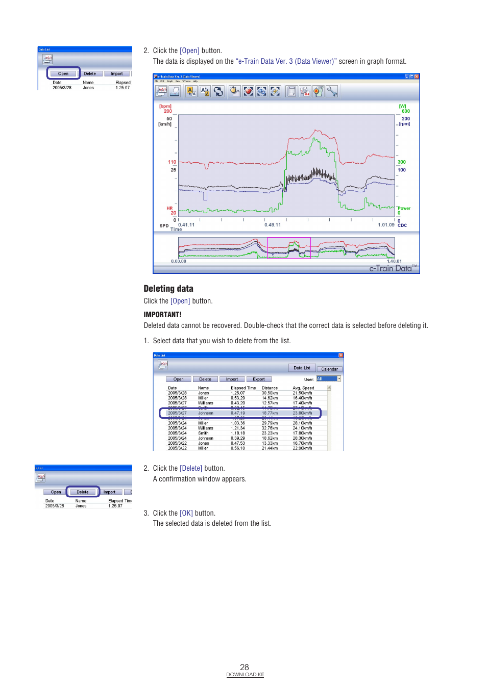 Deleting data | CatEye IF-TR100 Download Kit User Manual | Page 28 / 55