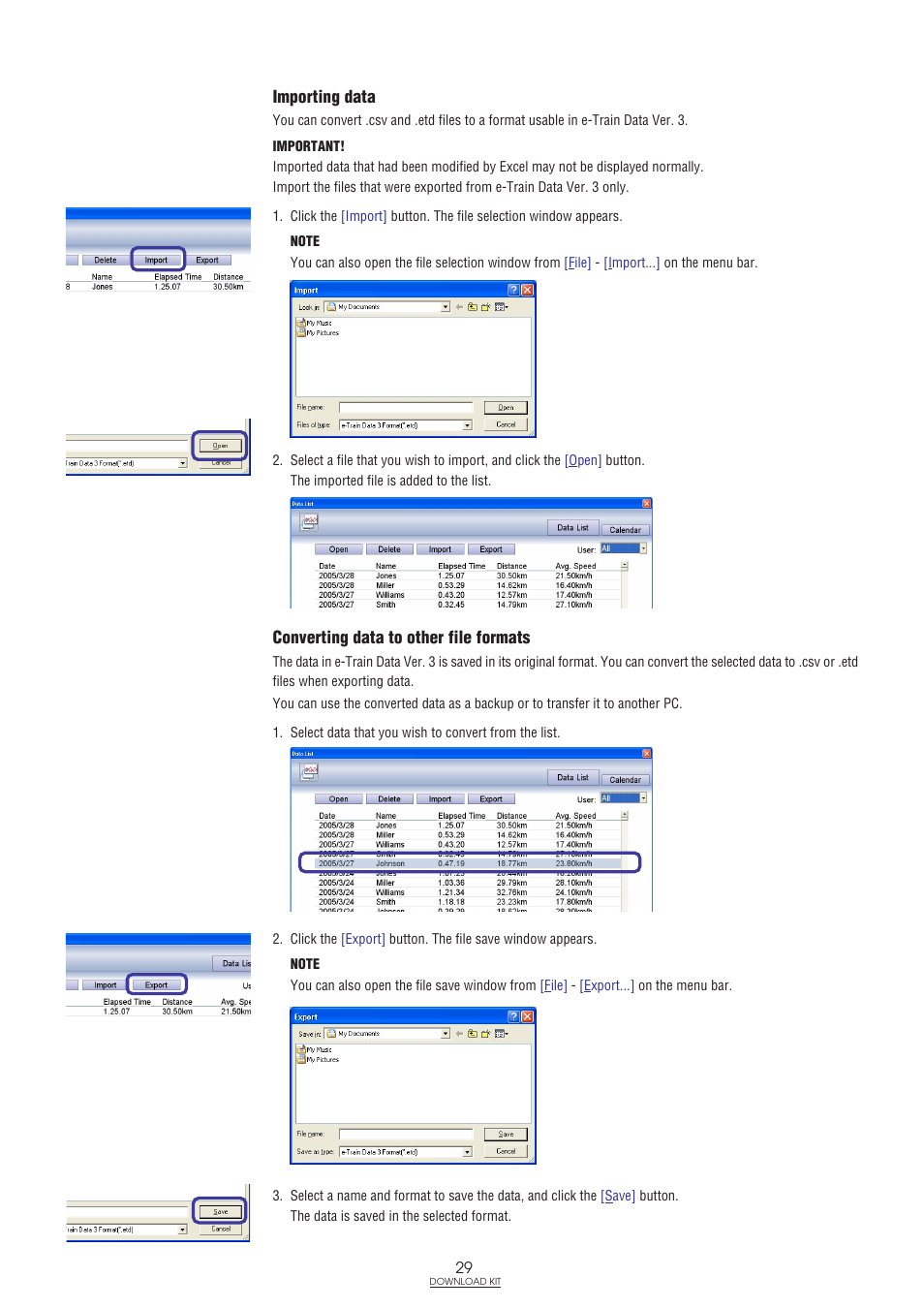 Importing data, Converting data to other file formats | CatEye IF-TR100 Download Kit User Manual | Page 29 / 55