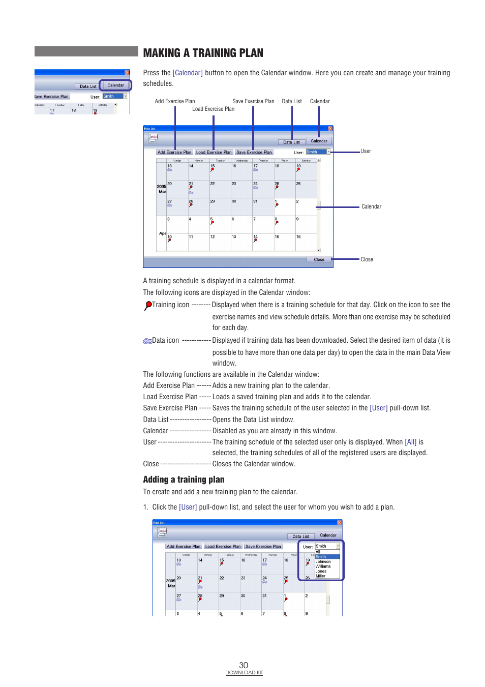 Making a training plan, Adding a training plan | CatEye IF-TR100 Download Kit User Manual | Page 30 / 55