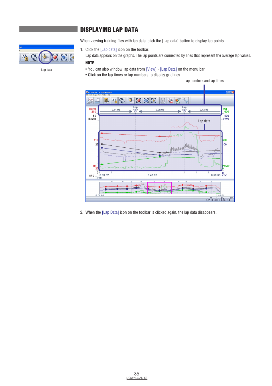 Displaying lap data | CatEye IF-TR100 Download Kit User Manual | Page 35 / 55