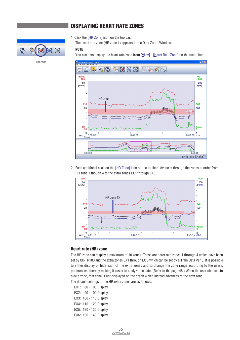 Displaying heart rate zones, Heart rate (hr) zone | CatEye IF-TR100 Download Kit User Manual | Page 36 / 55