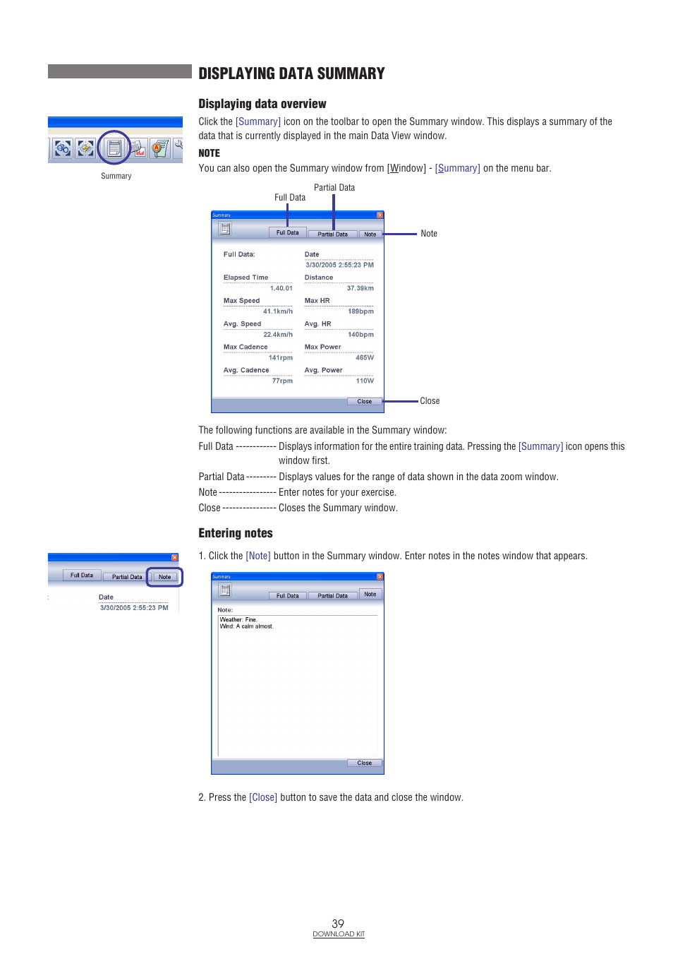 Displaying data summary, Displaying data overview, Entering notes | CatEye IF-TR100 Download Kit User Manual | Page 39 / 55