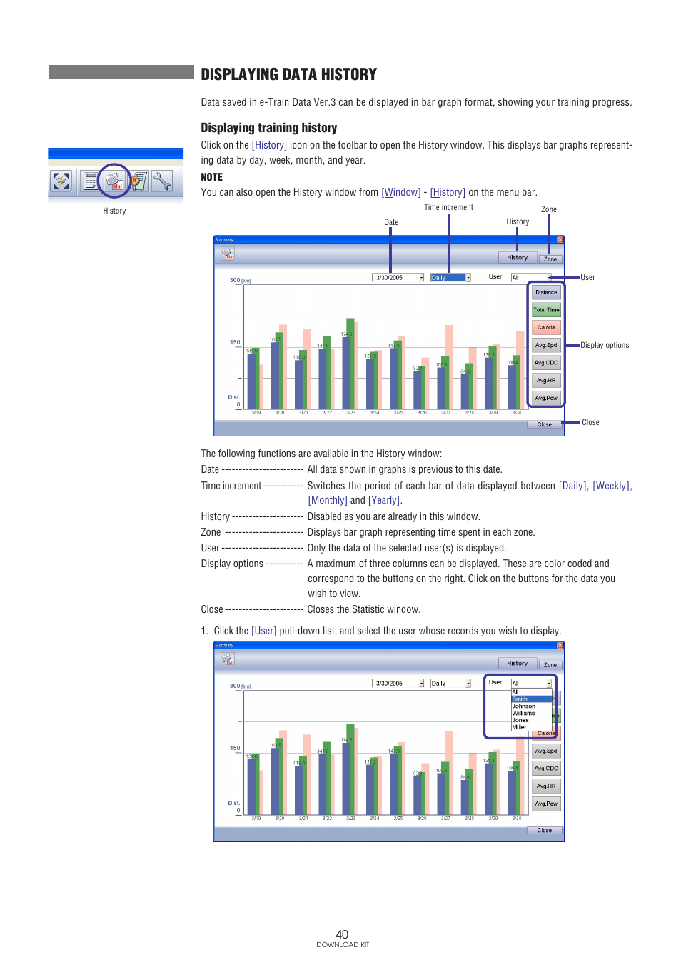 Displaying data history, Displaying training history | CatEye IF-TR100 Download Kit User Manual | Page 40 / 55