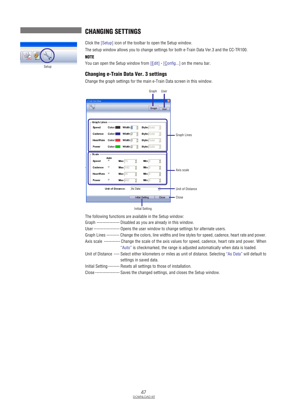 Changing settings, Changing e-train data ver. 3 settings | CatEye IF-TR100 Download Kit User Manual | Page 47 / 55
