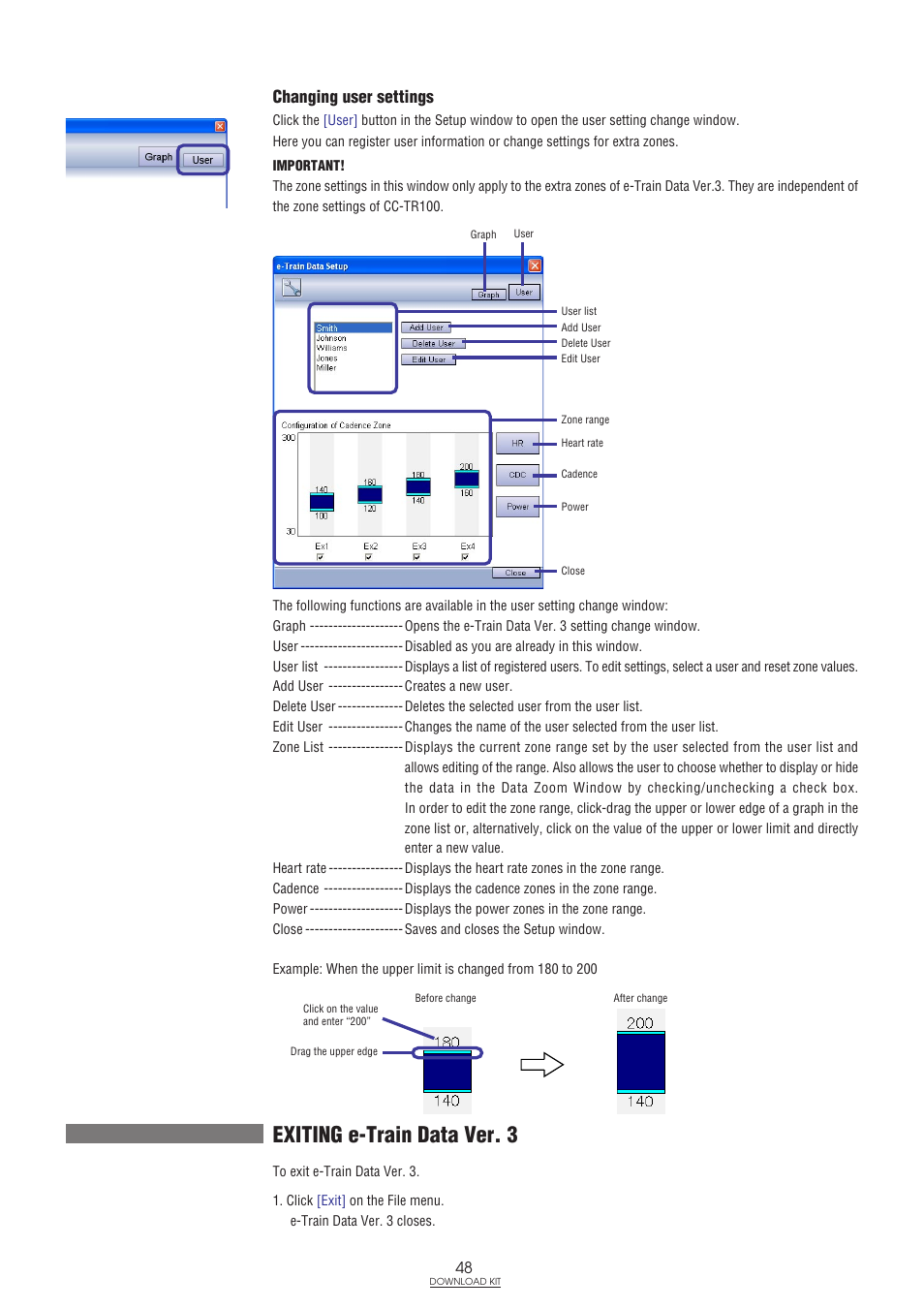 Changing user settings, Exiting e-train data ver. 3 | CatEye IF-TR100 Download Kit User Manual | Page 48 / 55