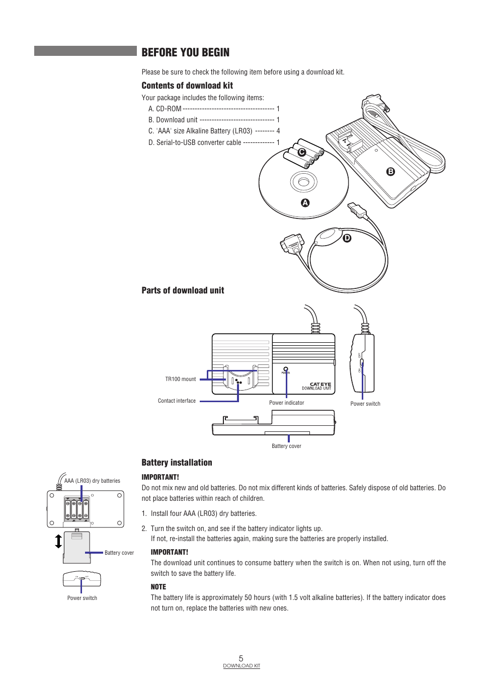 Before you begin, Contents of download kit, Parts of download unit | Battery installation, Parts of download unit battery installation | CatEye IF-TR100 Download Kit User Manual | Page 5 / 55