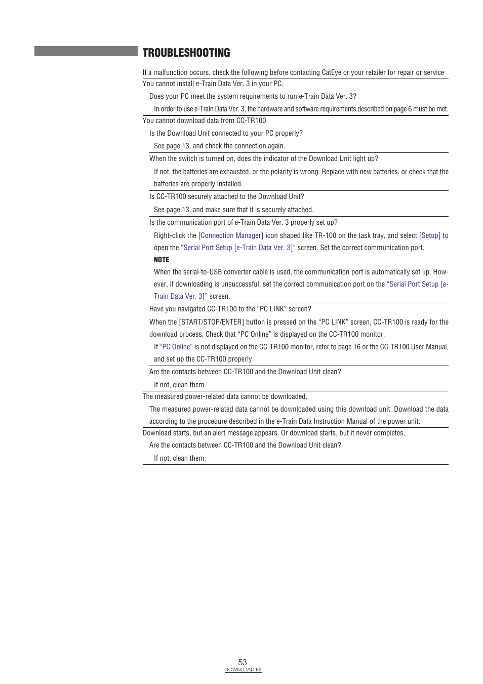 Troubleshooting | CatEye IF-TR100 Download Kit User Manual | Page 53 / 55