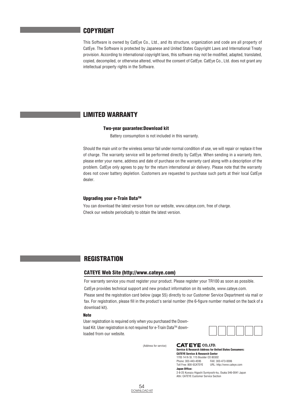 Copyright, Limited warranty, Registration | CatEye IF-TR100 Download Kit User Manual | Page 54 / 55