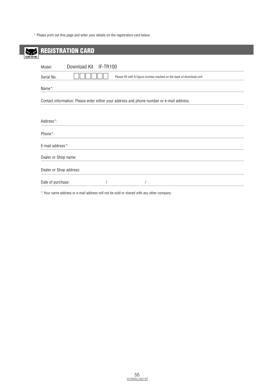 Registration card | CatEye IF-TR100 Download Kit User Manual | Page 55 / 55