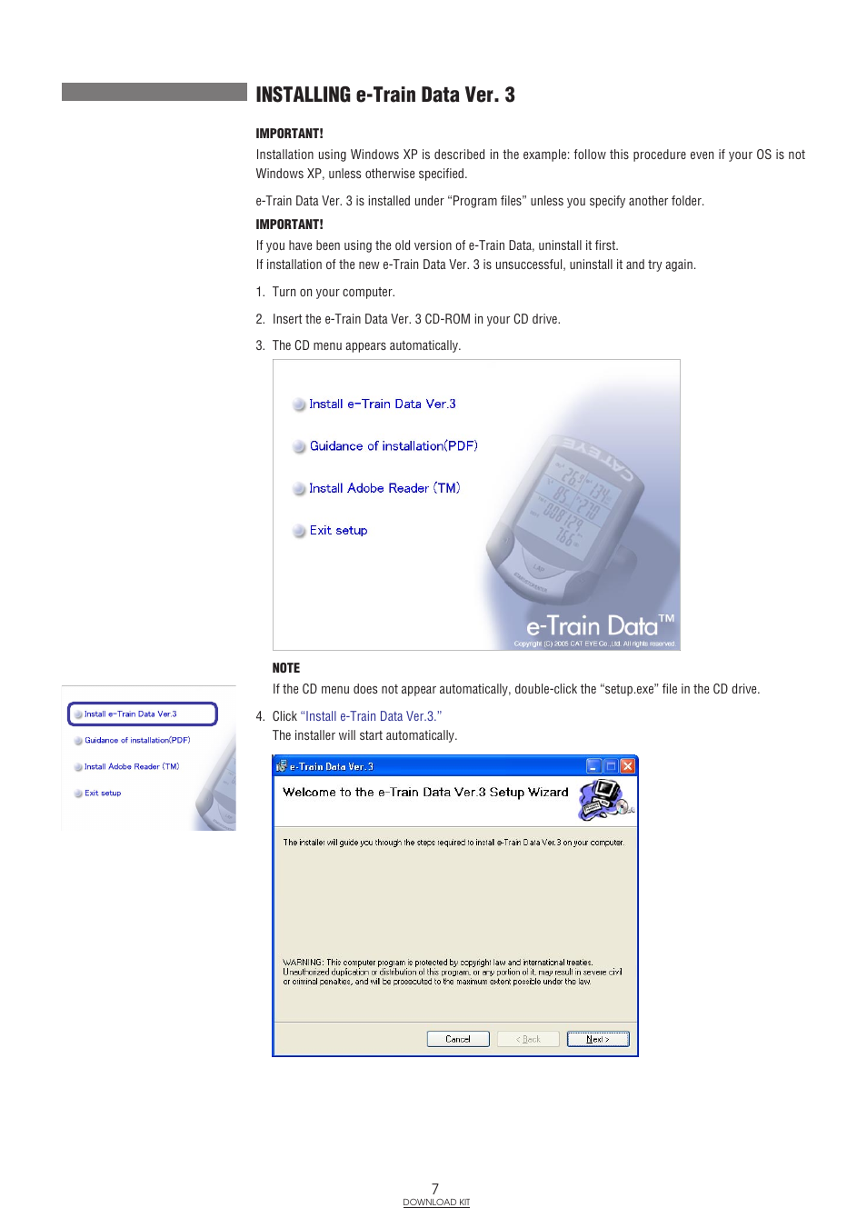 Installing e-train data ver. 3 | CatEye IF-TR100 Download Kit User Manual | Page 7 / 55