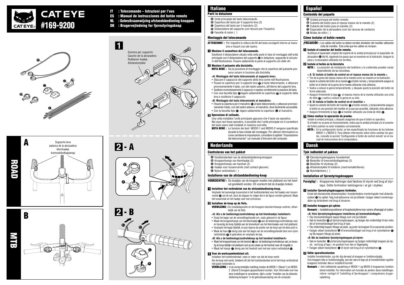 12 - a, Road a mtb b 2 - b, Nederlands italiano español dansk | CatEye CC-CD300DW [Double Wireless] User Manual | Page 2 / 2