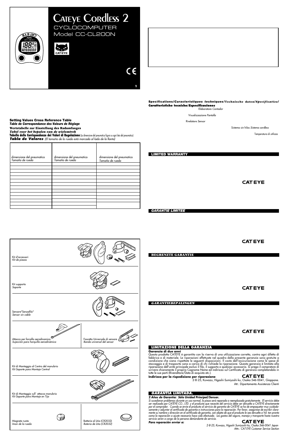 Cyclocomputer model cc-cl200n | CatEye CC-CL200N [Cordless 2] User Manual | Page 2 / 2