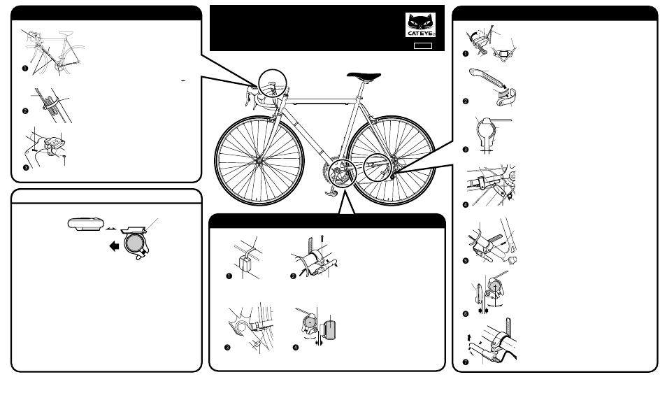Mounting to bike, Wheel sensor/magnet mounting, Cadence sensor/magnet mounting | Wire securing/bracket mounting, Main unit mounting | CatEye CC-CD100N [Astrale] User Manual | Page 3 / 3