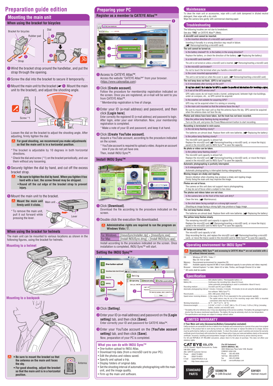 Preparation guide edition, Mounting the main unit preparing your pc | CatEye MSC-GC100 [INOU] User Manual | Page 2 / 2