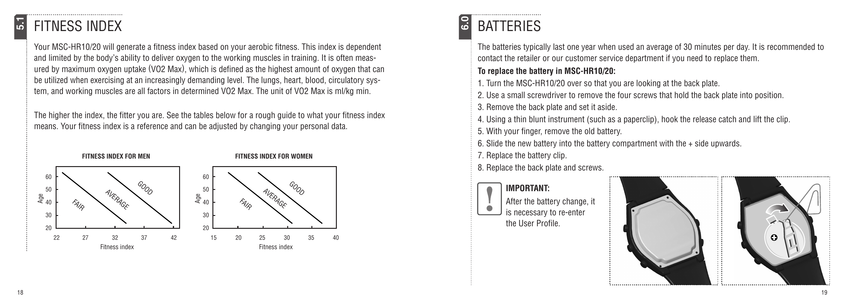 Batteries, Fitness index | CatEye MSC-HR10/MSC-HR20 User Manual | Page 10 / 14