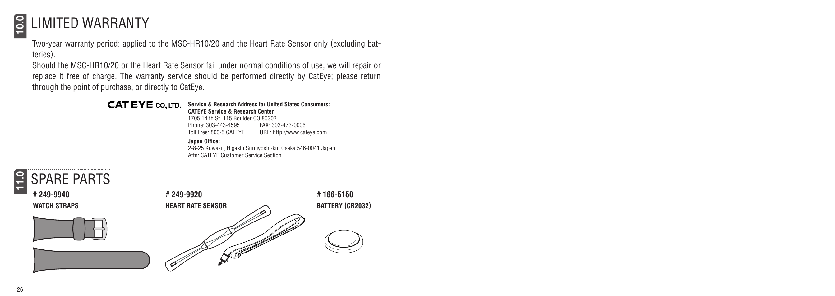 Spare parts limited warranty | CatEye MSC-HR10/MSC-HR20 User Manual | Page 14 / 14