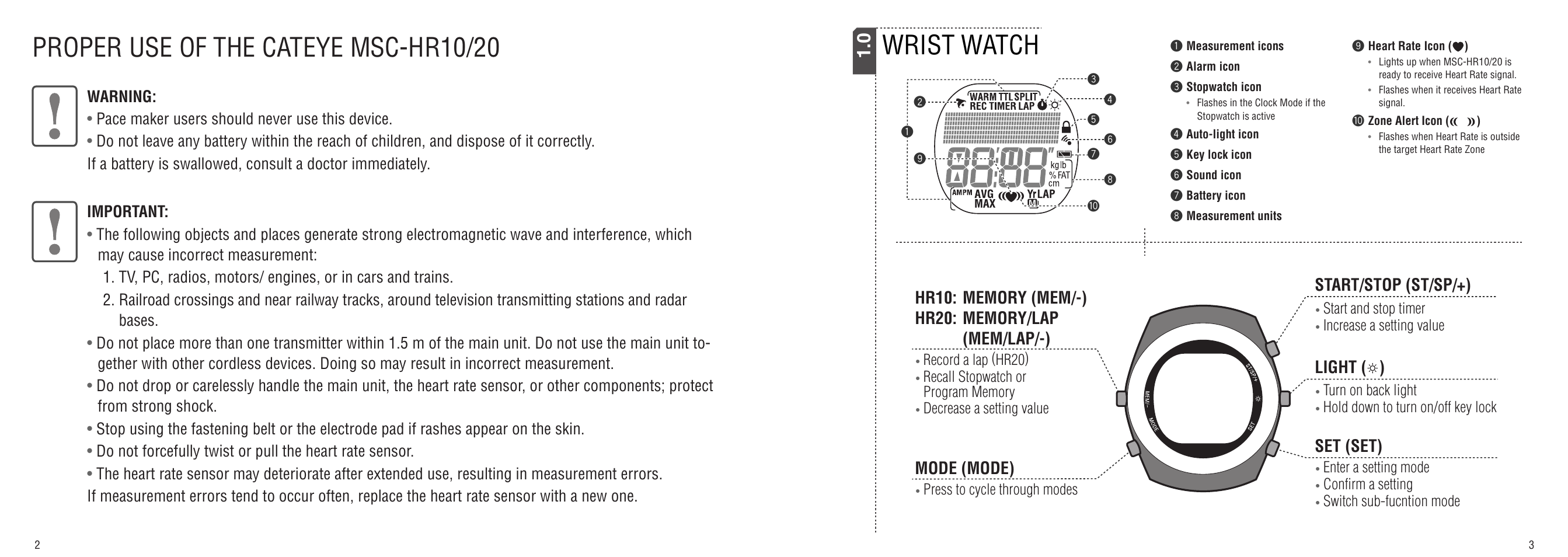 Proper use of the cateye msc-hr10/20 wrist watch | CatEye MSC-HR10/MSC-HR20 User Manual | Page 2 / 14