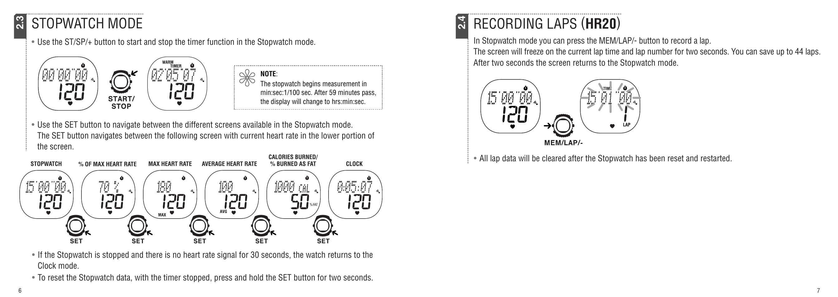 Recording laps ( hr20 ) stopwatch mode | CatEye MSC-HR10/MSC-HR20 User Manual | Page 4 / 14