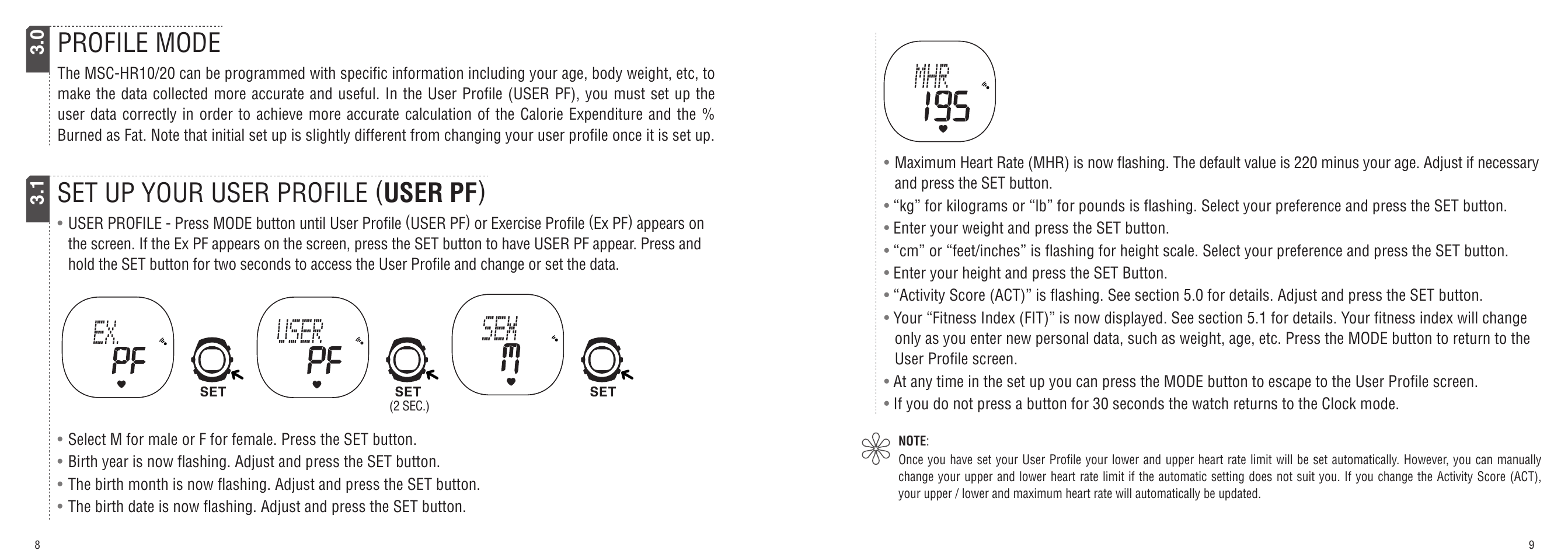 Set up your user profile ( user pf ), Profile mode | CatEye MSC-HR10/MSC-HR20 User Manual | Page 5 / 14