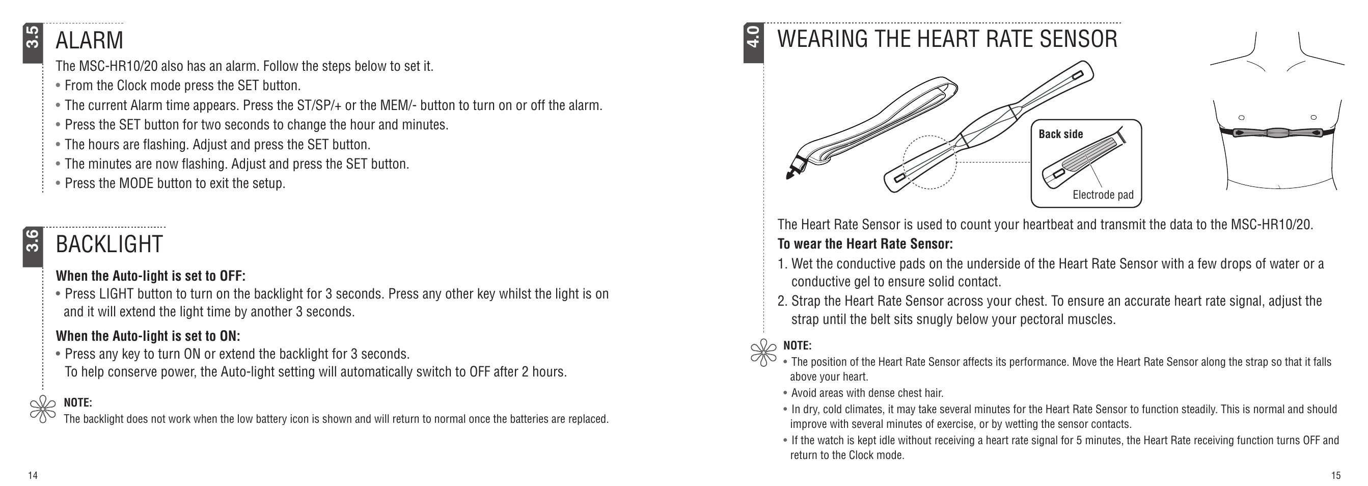 Wearing the heart rate sensor, Backlight alarm | CatEye MSC-HR10/MSC-HR20 User Manual | Page 8 / 14