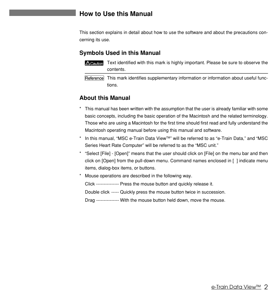 2how to use this manual, Symbols used in this manual, About this manual | CatEye MSC Series Download Kit User Manual | Page 2 / 36