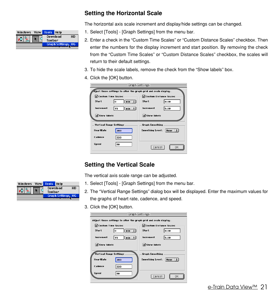 Setting the horizontal scale, Setting the vertical scale | CatEye MSC Series Download Kit User Manual | Page 21 / 36