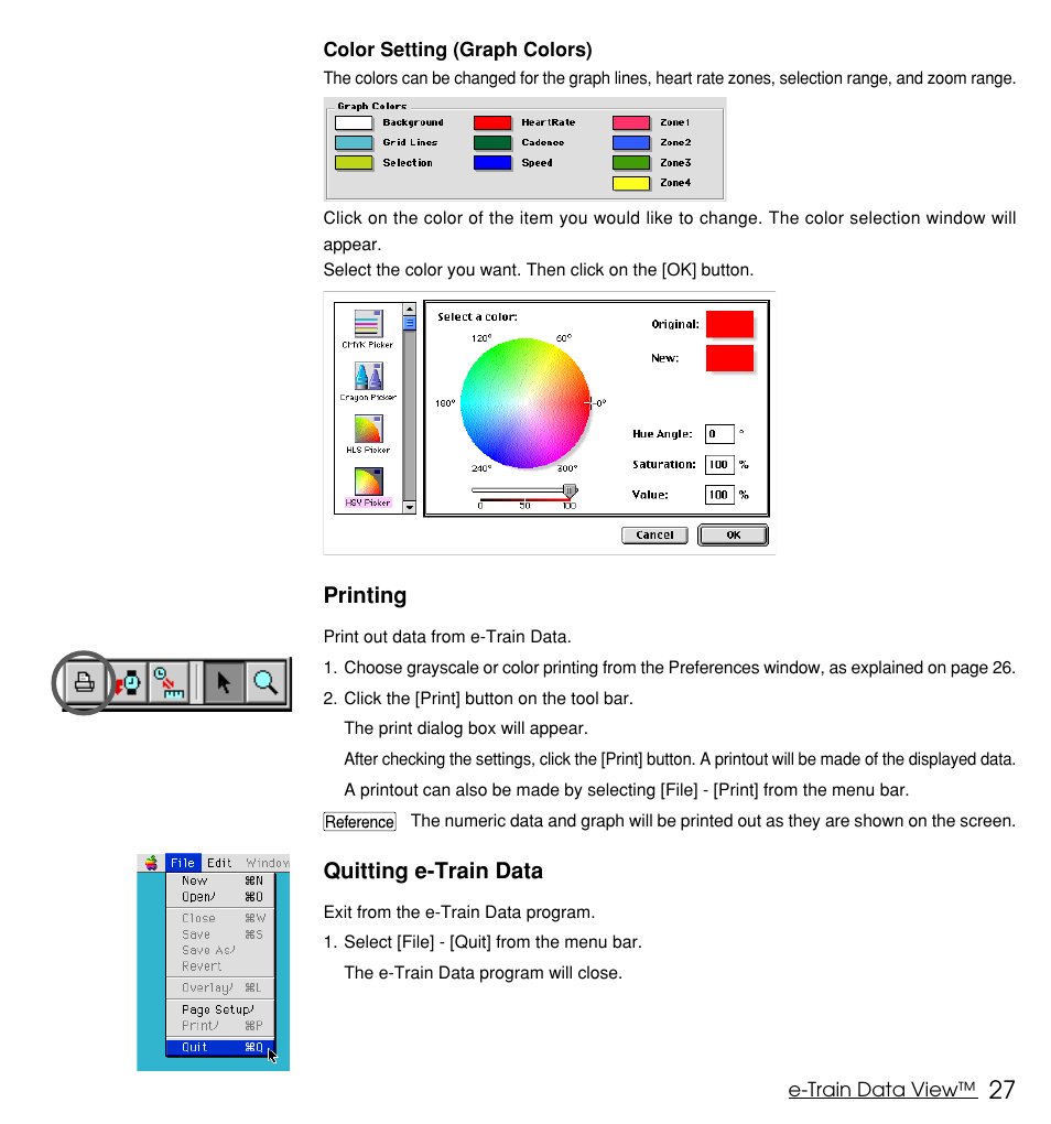Printing, Quitting e-train data | CatEye MSC Series Download Kit User Manual | Page 27 / 36