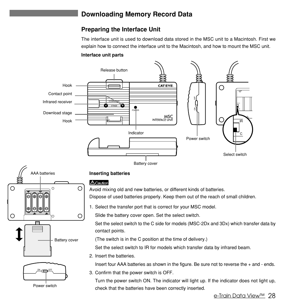 Preparing the interface unit, E-train data view | CatEye MSC Series Download Kit User Manual | Page 28 / 36