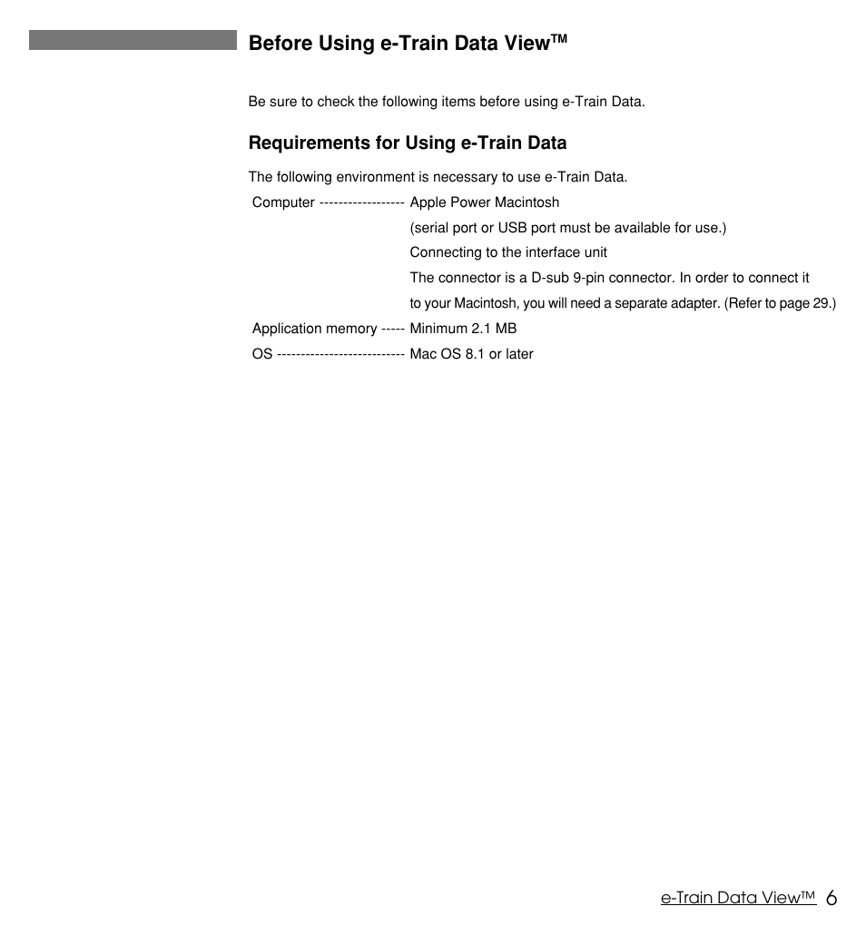 6before using e-train data view, Requirements for using e-train data | CatEye MSC Series Download Kit User Manual | Page 6 / 36