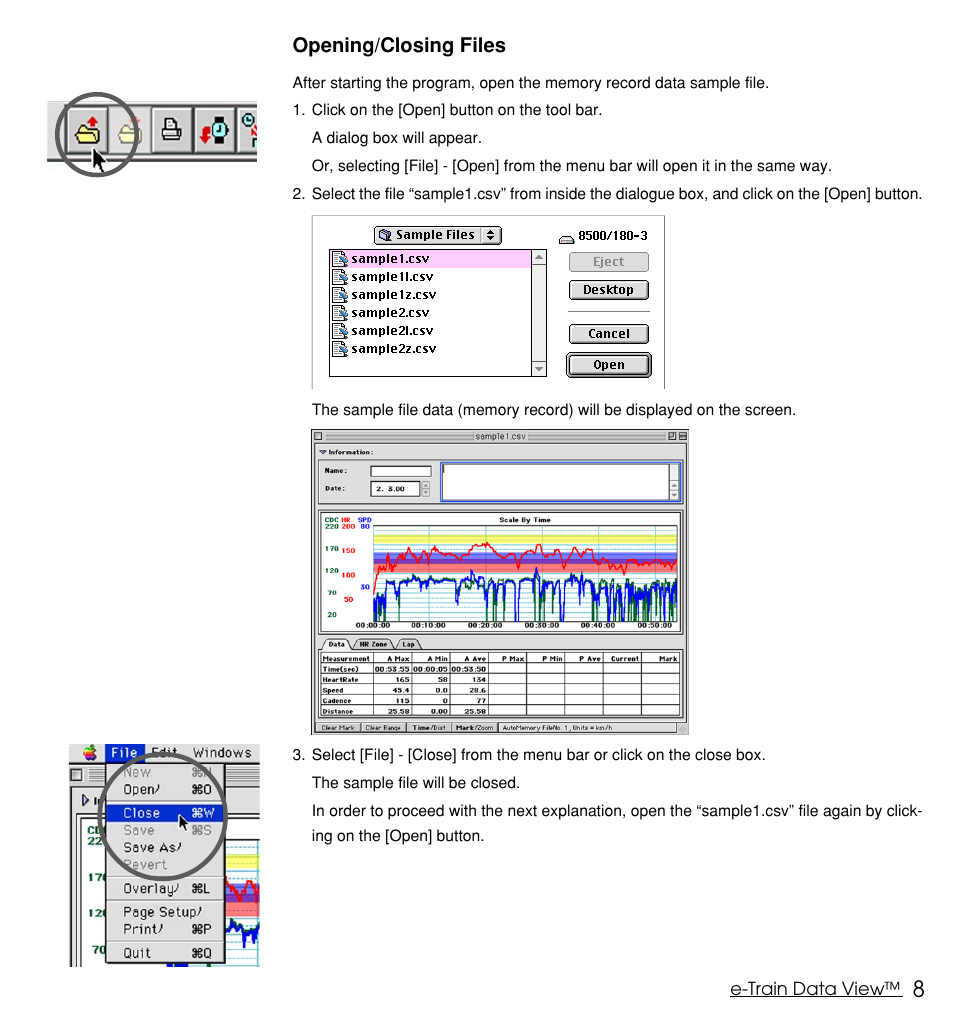 Opening/closing files | CatEye MSC Series Download Kit User Manual | Page 8 / 36