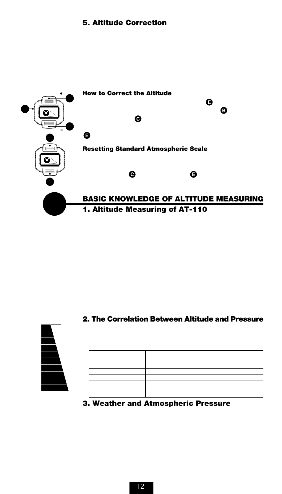 Altitude correction, The correlation between altitude and pressure, Weather and atmospheric pressure | How to correct the altitude, Resetting standard atmospheric scale | CatEye AT-110 [Altimeter] User Manual | Page 13 / 16