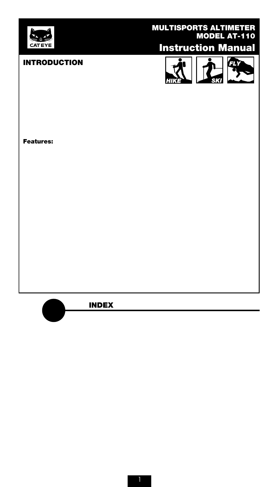 Instruction manual, Multisports altimeter model at-110, Index | Introduction | CatEye AT-110 [Altimeter] User Manual | Page 2 / 16