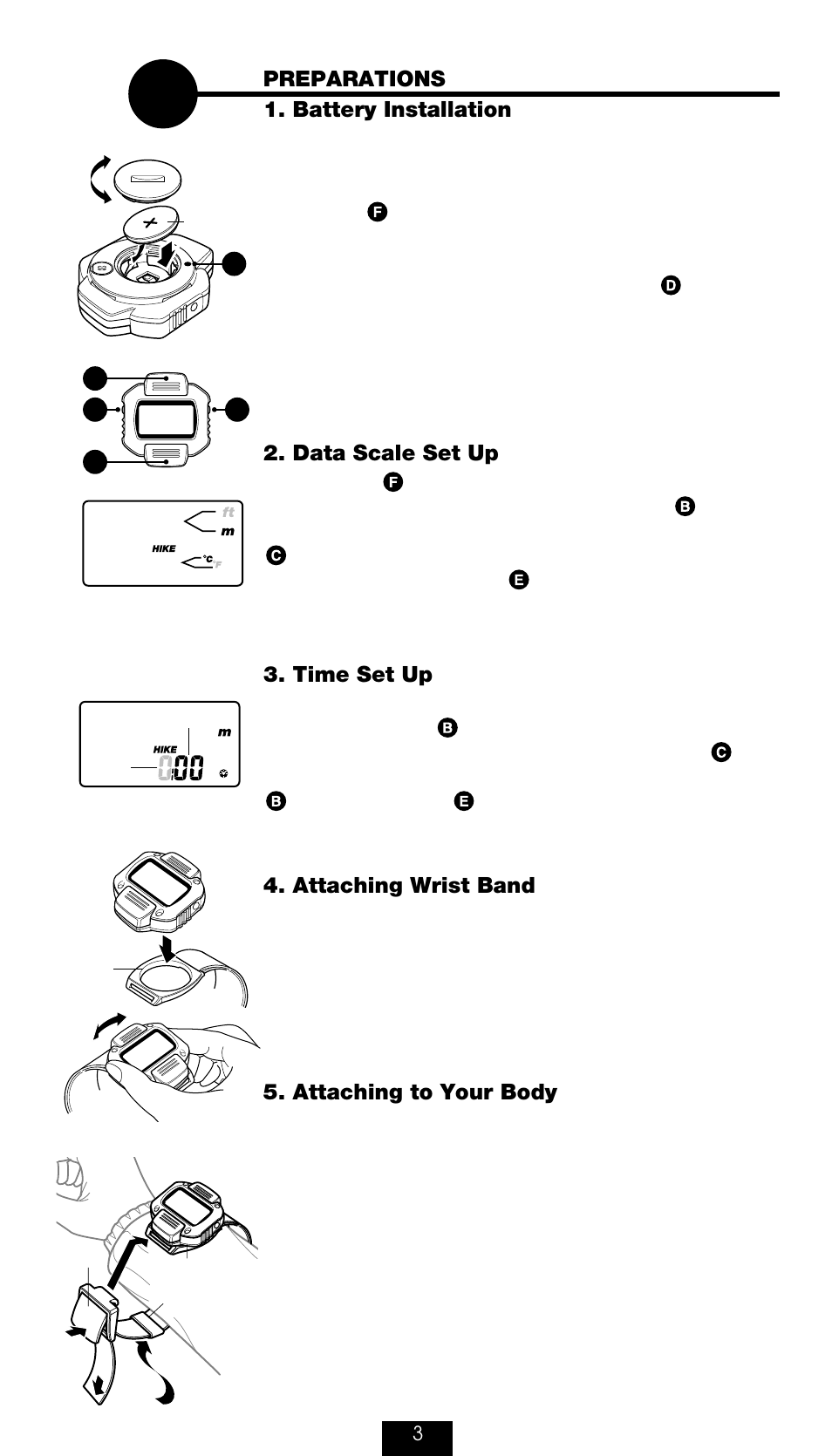 Preparations 1. battery installation, Data scale set up, Time set up | Attaching wrist band, Attaching to your body | CatEye AT-110 [Altimeter] User Manual | Page 4 / 16