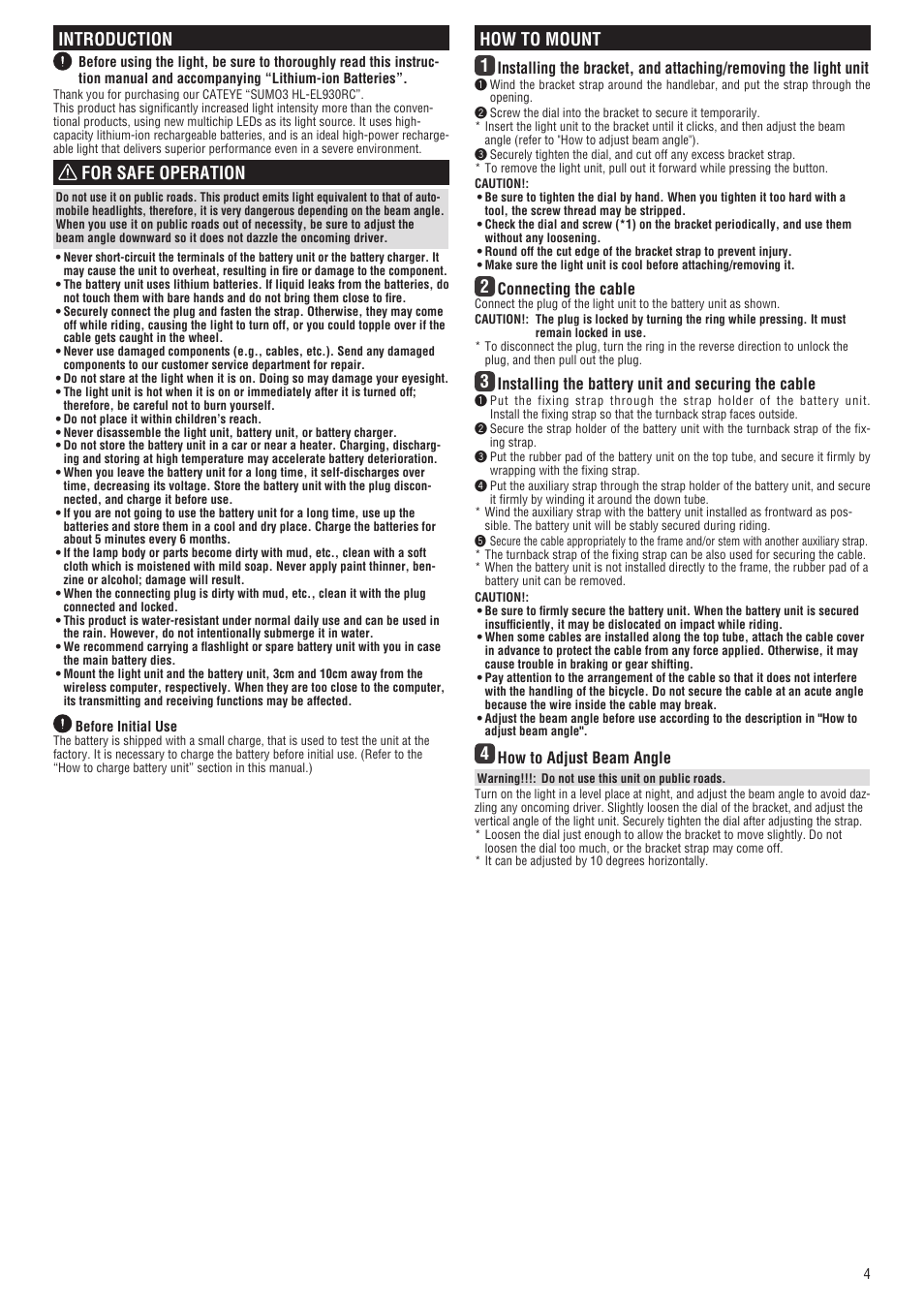 Introduction, For safe operation, How to mount 1 | Connecting the cable, Installing the battery unit and securing the cable, How to adjust beam angle | CatEye HL-EL930RC [Sumo 3] User Manual | Page 4 / 5