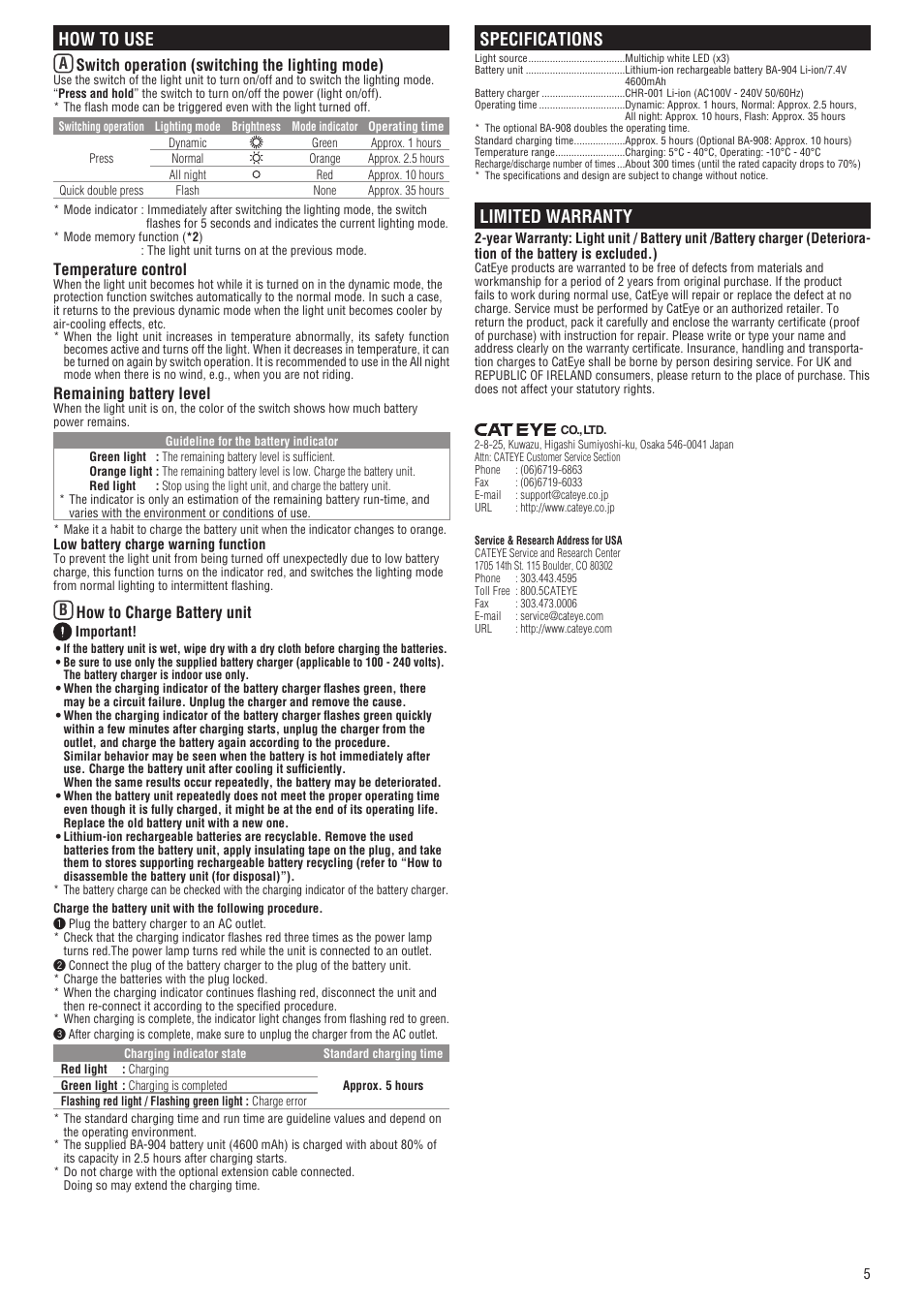 How to use, Specifications, Limited warranty | Aswitch operation (switching the lighting mode), Temperature control, Remaining battery level, Bhow to charge battery unit | CatEye HL-EL930RC [Sumo 3] User Manual | Page 5 / 5