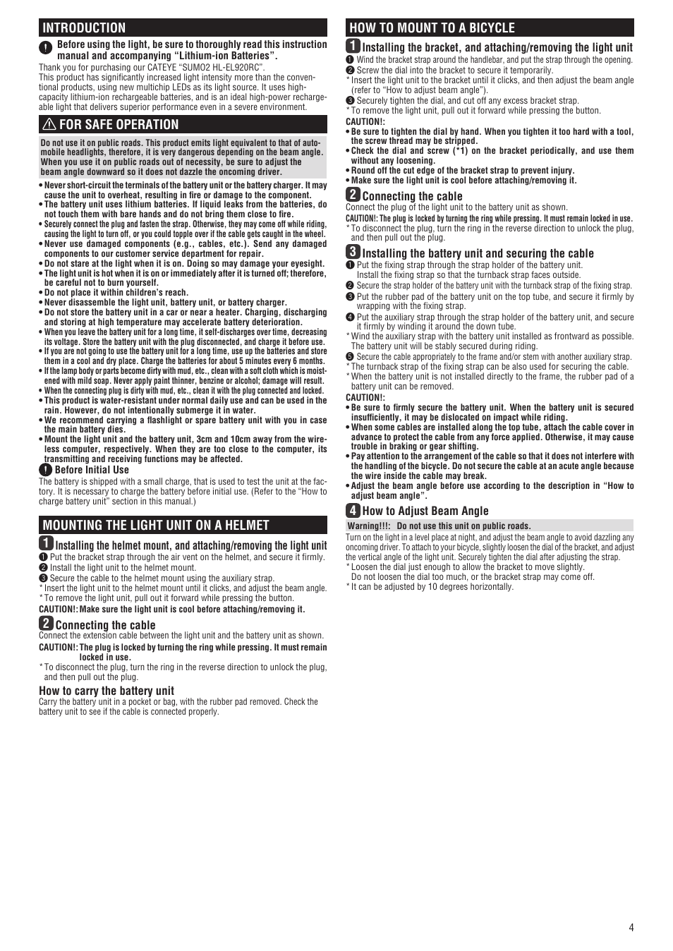 Introduction, For safe operation, Mounting the light unit on a helmet 1 | How to mount to a bicycle 1 | CatEye Hl-EL920RC [Sumo 2] User Manual | Page 4 / 5