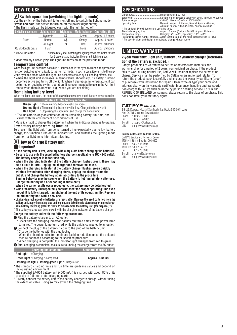 How to use, Specifications, Limited warranty | Aswitch operation (switching the lighting mode), Temperature control, Remaining battery level, Bhow to charge battery unit | CatEye Hl-EL920RC [Sumo 2] User Manual | Page 5 / 5