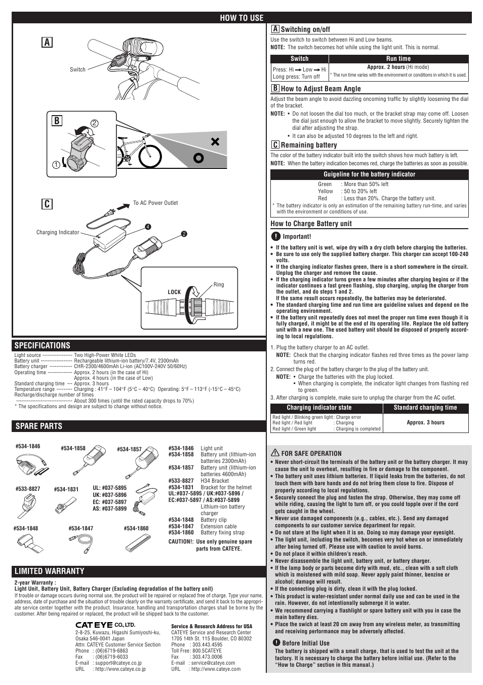 Ab c, How to use limited warranty, Spare parts specifications | CatEye HL-EL820RC [Double Shot Pro] User Manual | Page 2 / 2