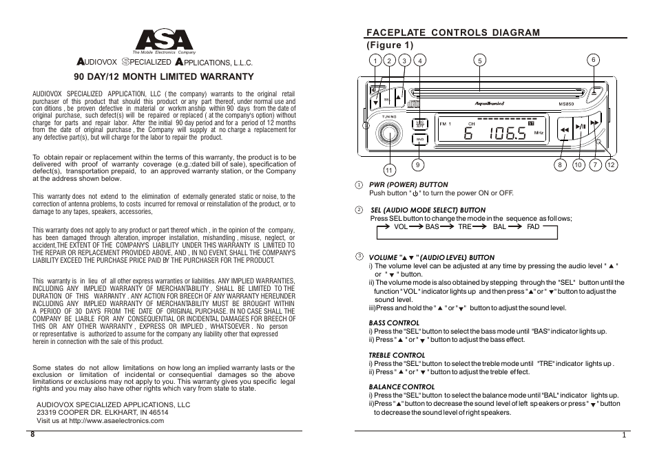 Figure 1) faceplate controls diagram, 90 day/12 month limited warranty | ASA Electronics MS-850 User Manual | Page 2 / 5