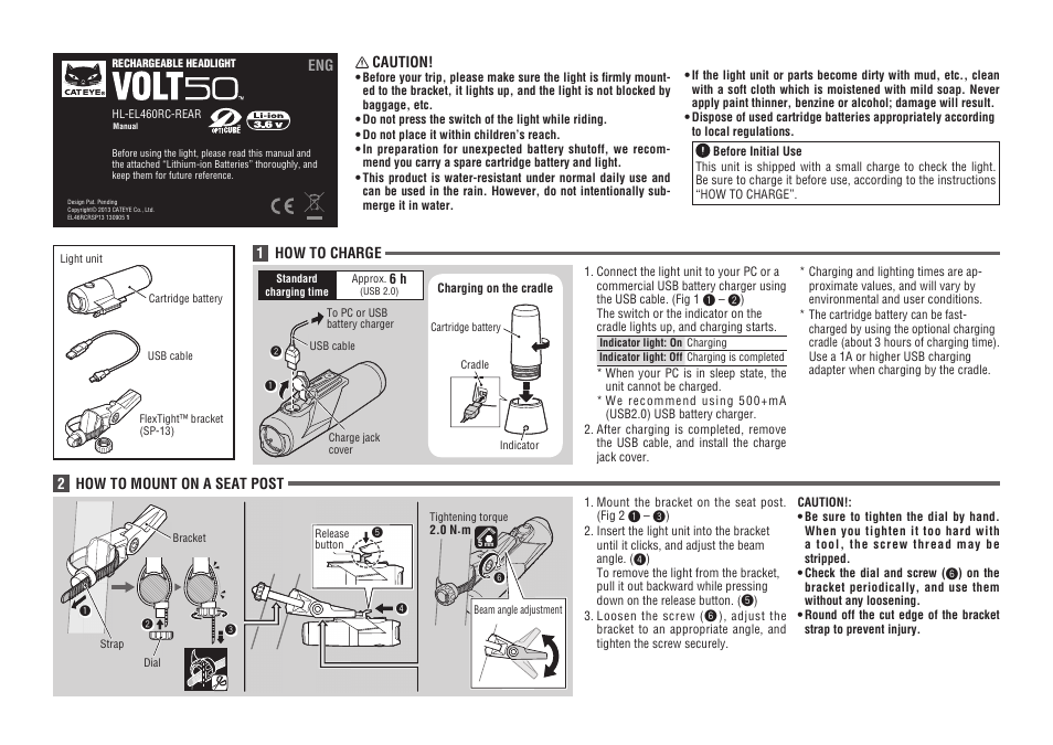 CatEye HL-EL460RC-REAR [Volt50] User Manual | 2 pages