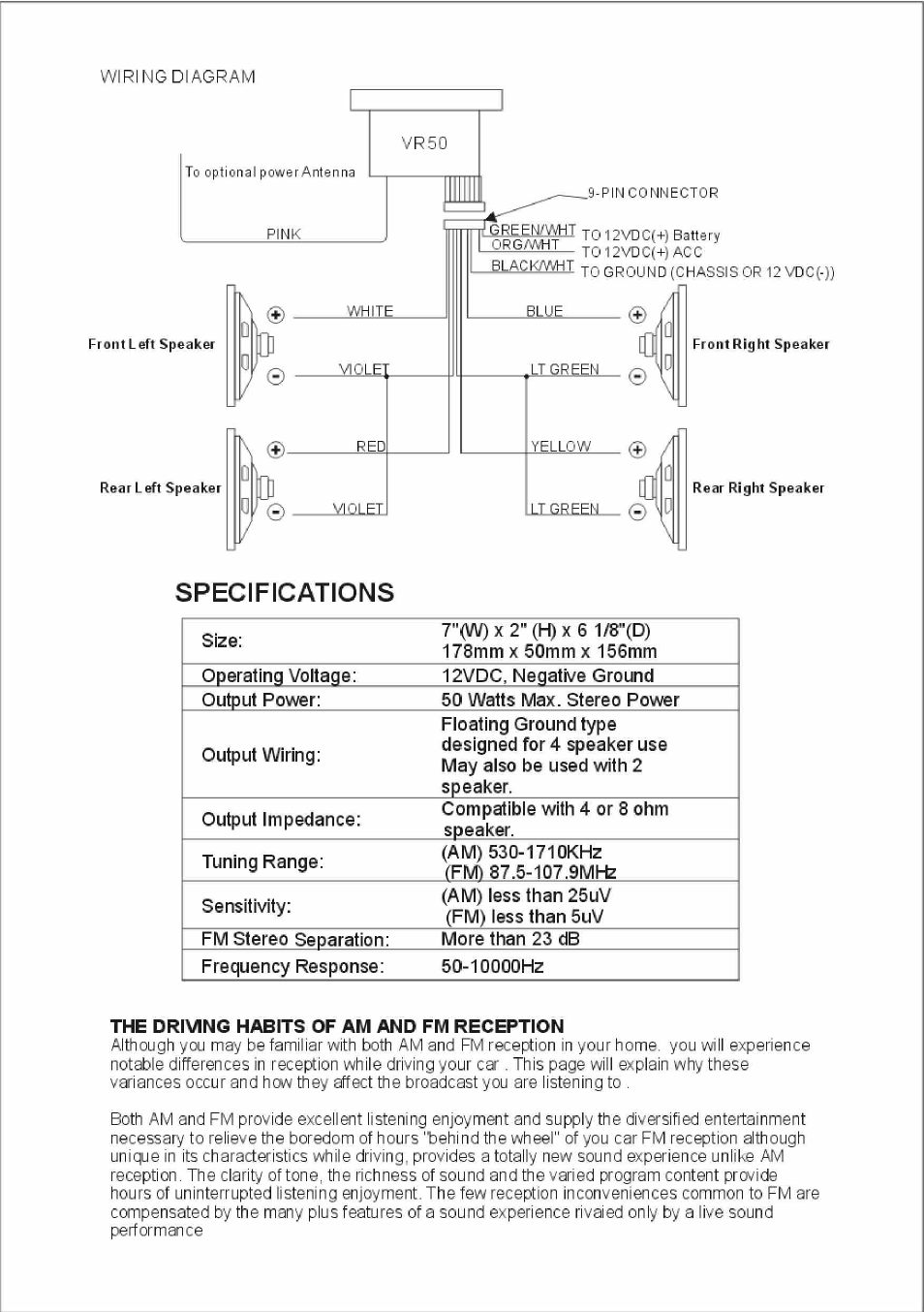 Specifications | ASA Electronics VR50 User Manual | Page 4 / 6