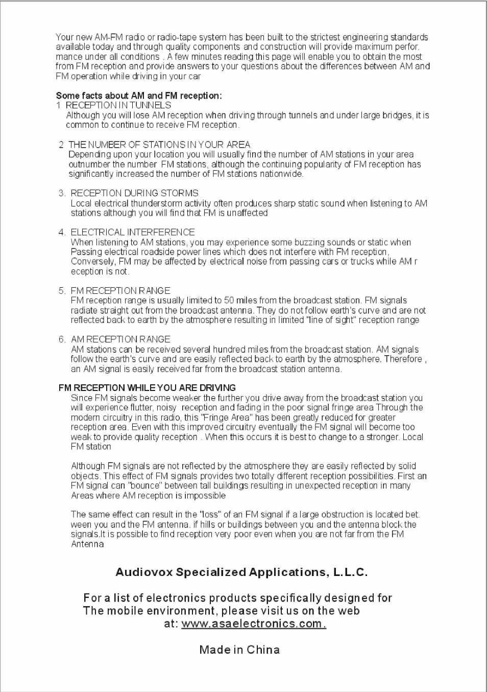 Audiovox specialized applications, l.l.c | ASA Electronics VR50 User Manual | Page 5 / 6