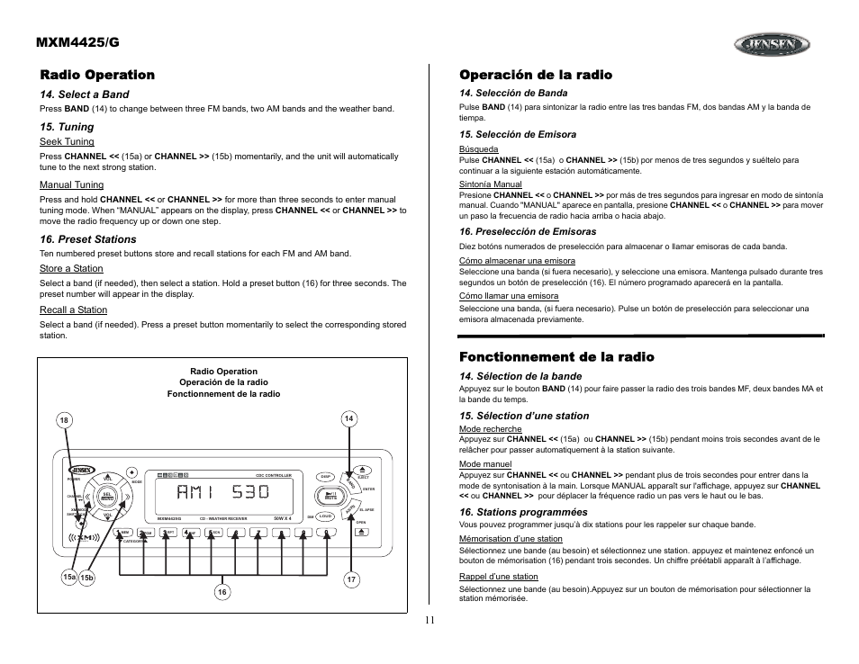 Radio operation, Select a band, Tuning | Preset stations, Operación de la radio, Selección de banda, Selección de emisora, Preselección de emisoras, Fonctionnement de la radio, Sélection de la bande | ASA Electronics MXM4425/G User Manual | Page 11 / 21