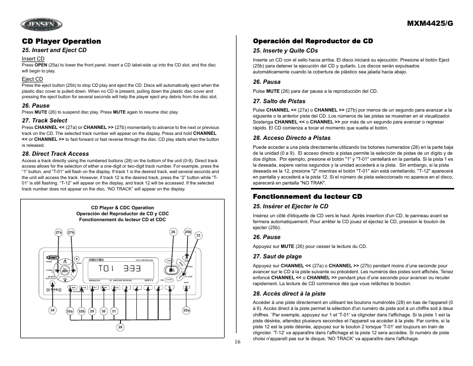 Cd player operation, Insert and eject cd, Pause | Track select, Direct track access, Operación del reproductor de cd, Inserte y quite cds, Pausa, Salto de pistas, Acceso directo a pistas | ASA Electronics MXM4425/G User Manual | Page 16 / 21