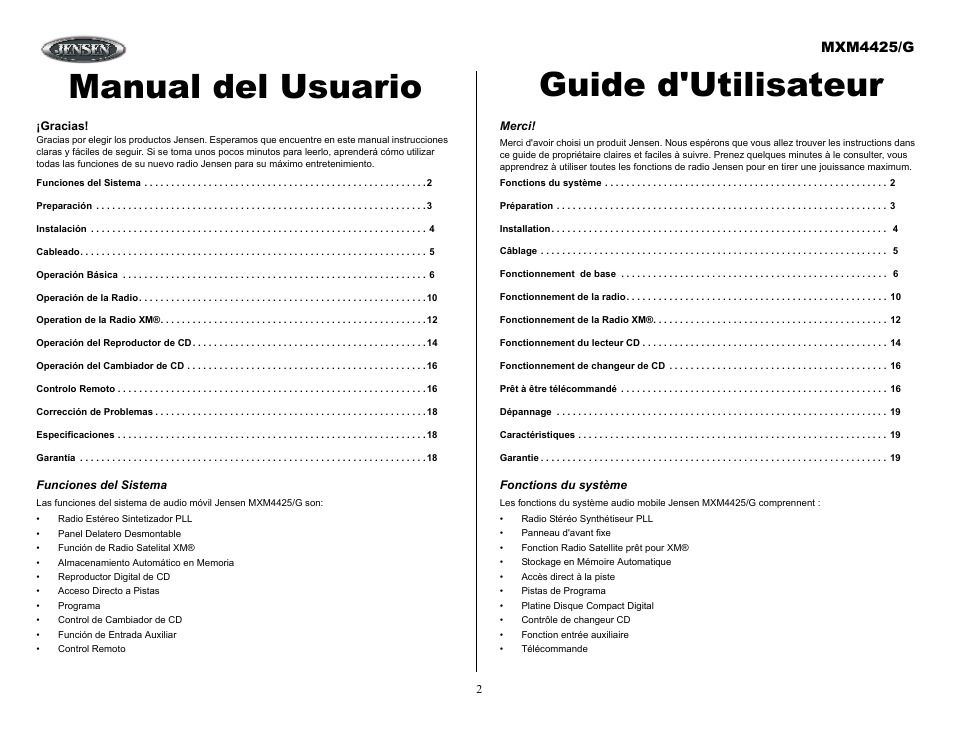Funciones del sistema, Merci, Fonctions du système | Manual del usuario guide d'utilisateur, Mxm4425/g | ASA Electronics MXM4425/G User Manual | Page 2 / 21